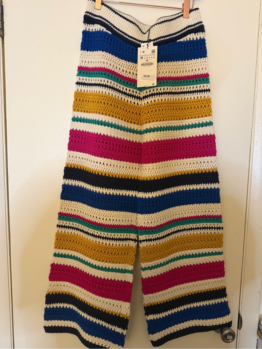 Zara Striped Crochet Wide-Leg Pants - Blue, Mustard, Fuchsia, Green & Cream